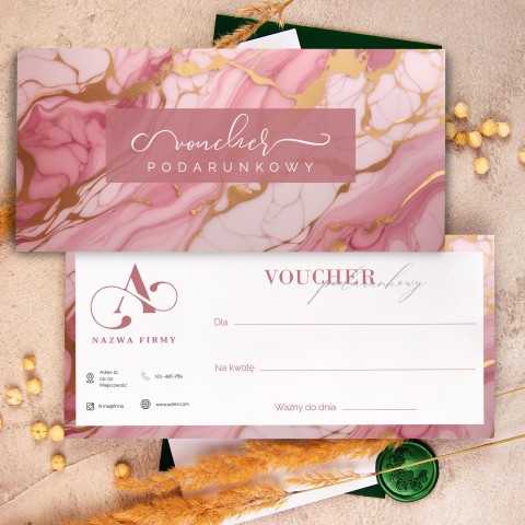 Elegnacki voucher z różowo-złotym motywem oraz logo firmy - Marble Pink